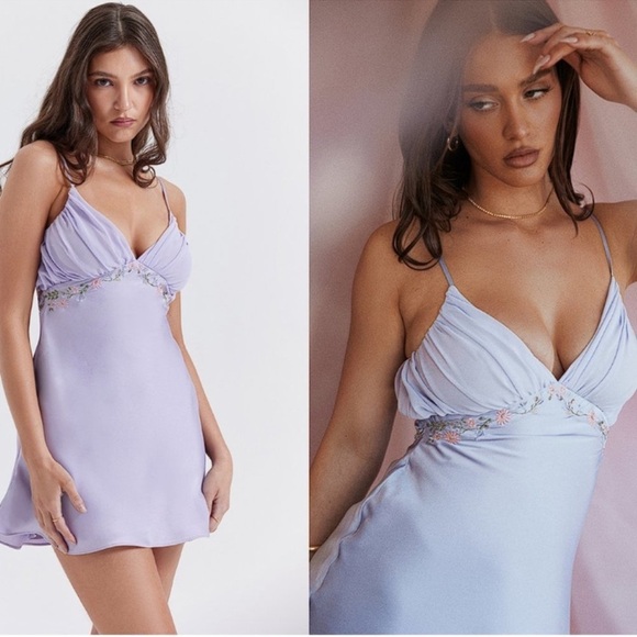 NWOT HOUSE OF CB 'Christa' Embroidered Lavender Mini Dress sz L - Picture 2 of 10